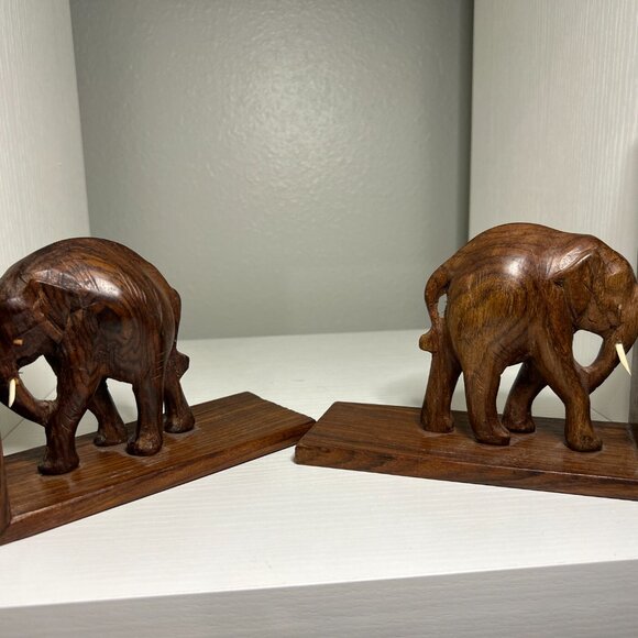 Vintage Art Deco Bookends Wooden Carved Elephants Bookends Elephants old antique - Picture 4 of 4